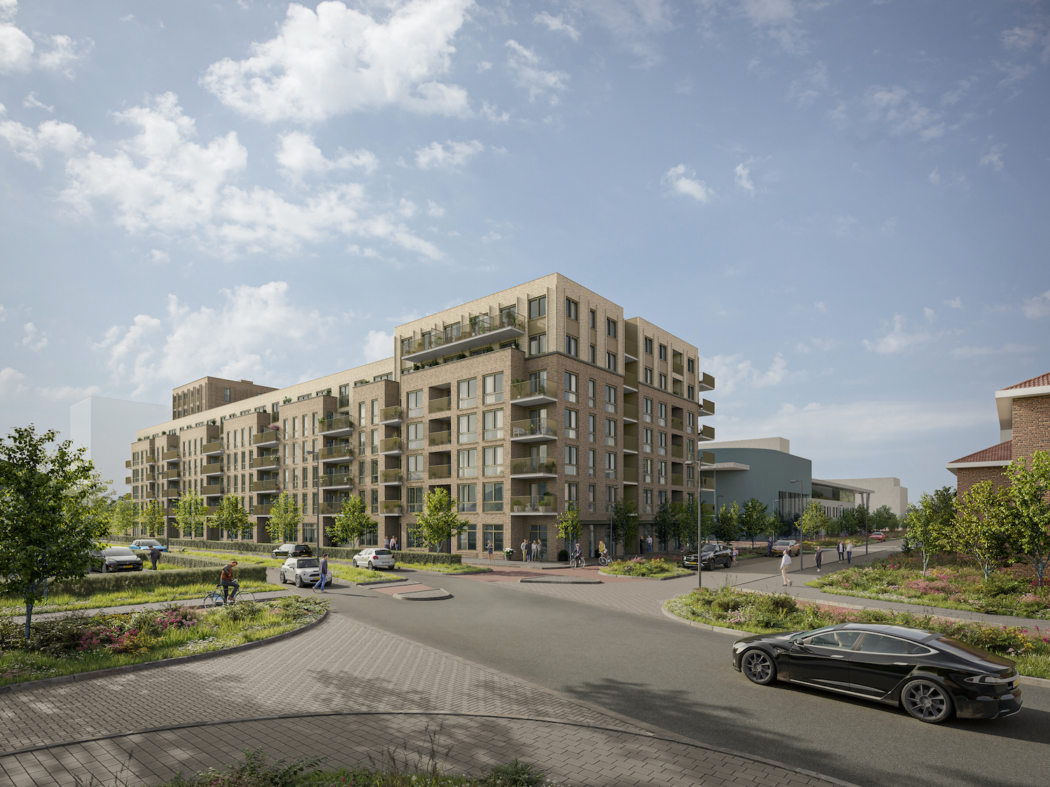 Artist impression van woonproject De Foyer in Hoofddorp: appartementencomplex met balkons en voorzieningen, onderdeel van de gebiedsvernieuwing met aandacht voor omwonenden en leefomgeving.