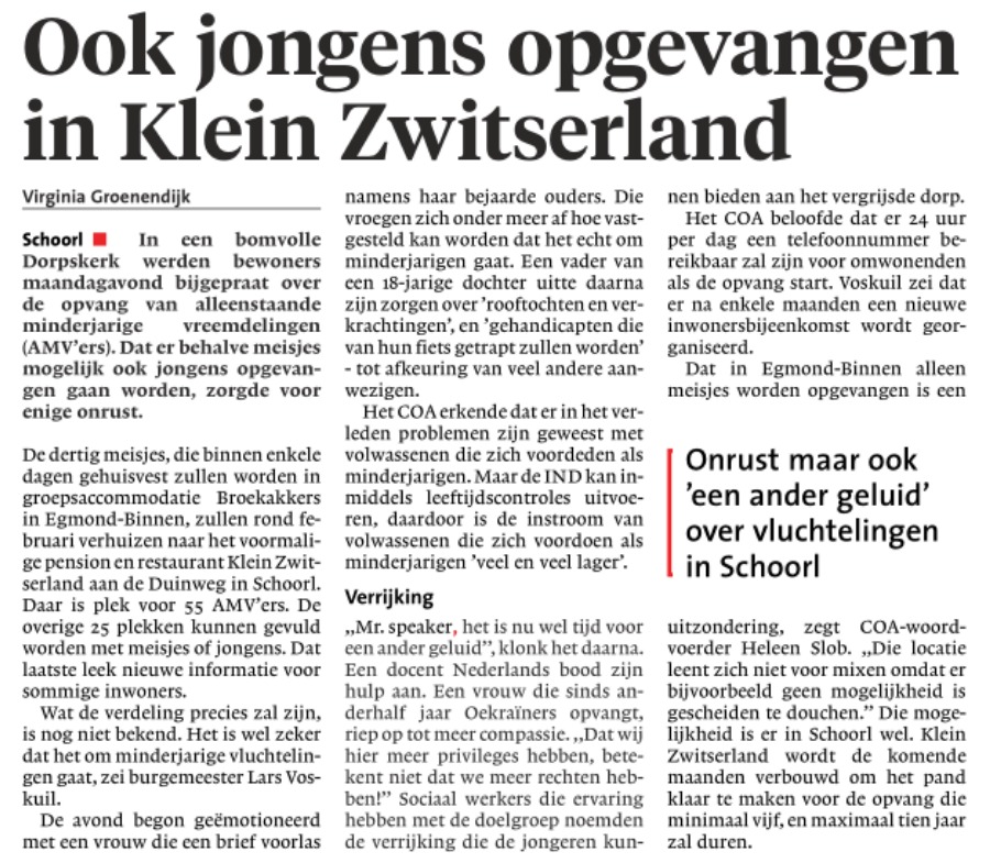 Nieuwsbericht zwarte letters op wit papier met de titel: 'Ook jongens opgevangen in Klein Zwitserland'