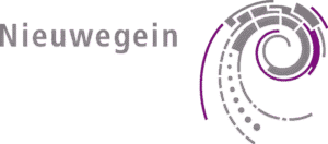 Logo van de gemeente Nieuwegein met paars-grijs grafisch symbool in spiraalvorm
